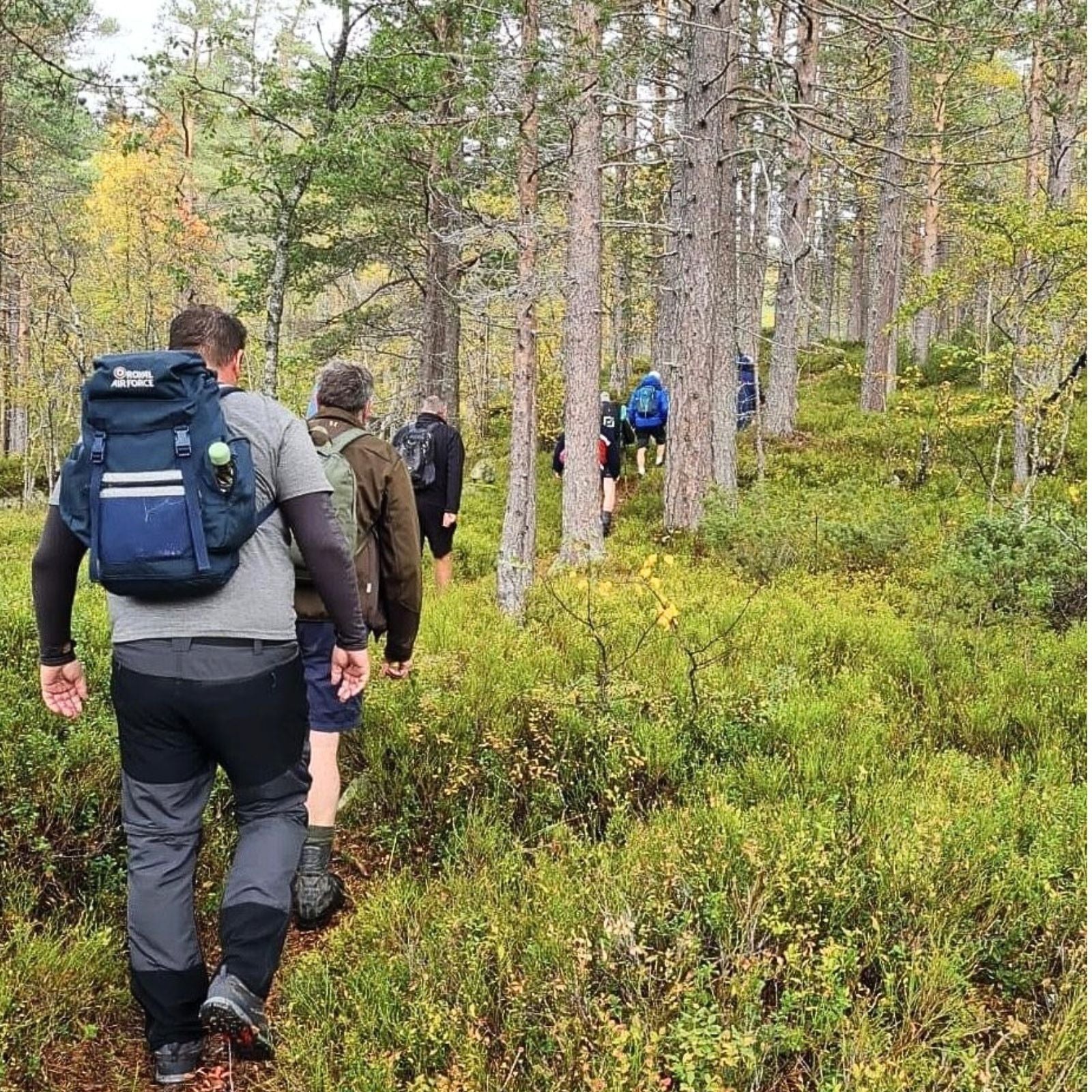 Gjester på Brokkestøylen på tur i skogen.